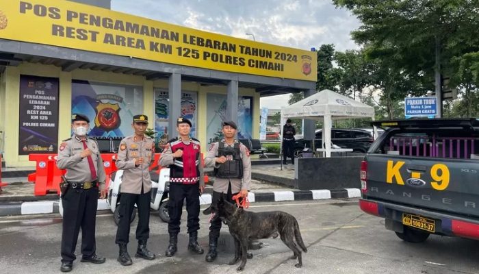 Sat Samapta Polres Cimahi menerjunkan anjing pelacak atau K-9 selama arus libur Lebaran 2024