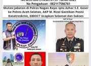 Mutasi Jabatan di Polres Nagan Raya: Iptu Azhar S.E. Geser ke Polres Aceh Selatan, AKP M. Rizal Gantikan Posisi Kasatreskrim, GMOCT Ucapkan Selamat dan Sukses