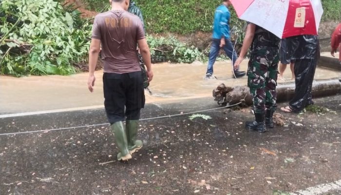 Polsek Cisompet Evakuasi Tanah Longsor dan Tiang Listrik Tumbang di Jalan Raya Garut–Cisompet